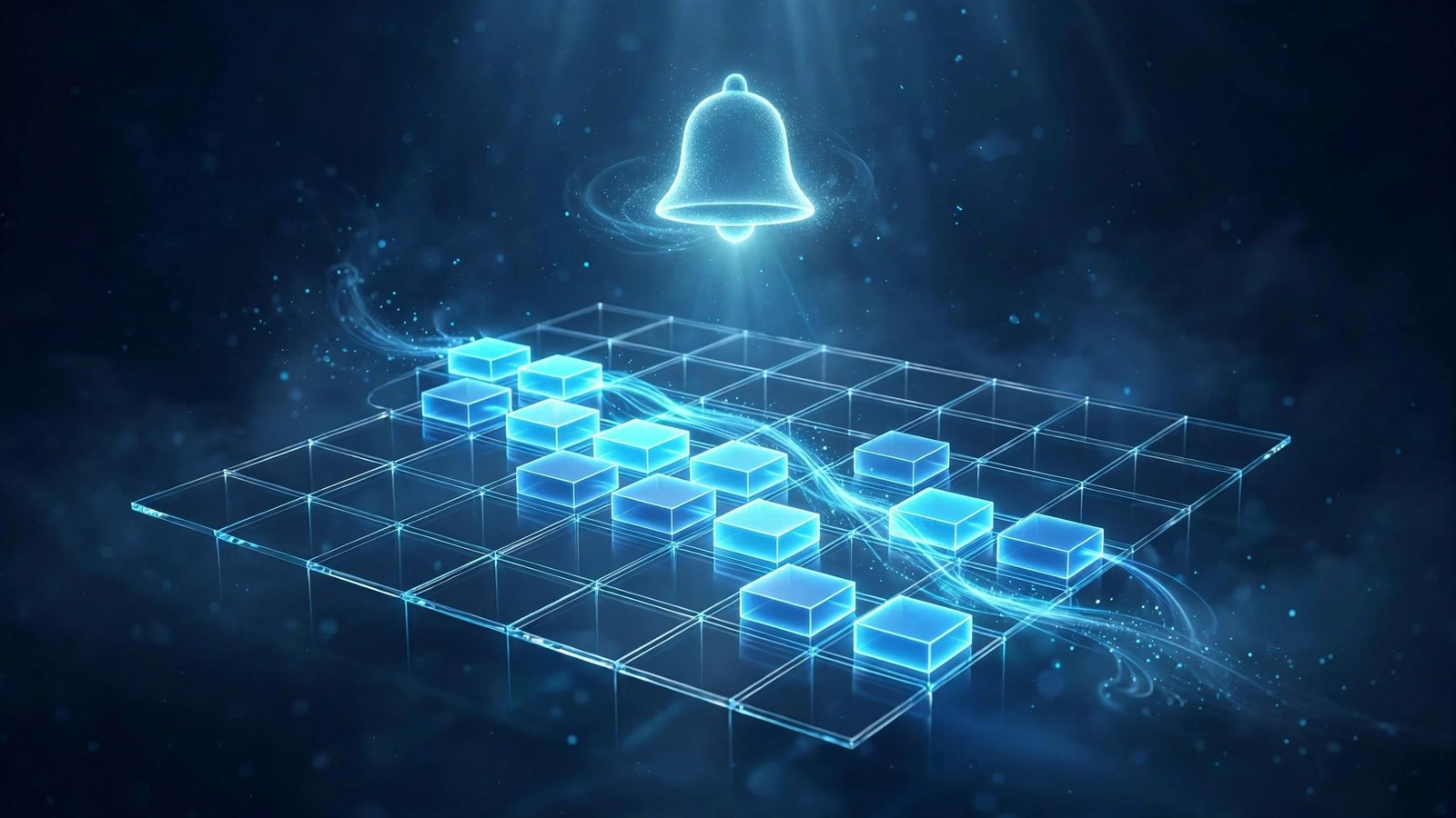 Glowing calendar grid of light with appointment blocks lighting up in sequence in blue and cyan tones, with a soft bell of light