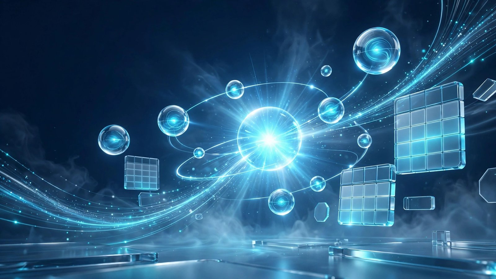 Luminous digital agent workspace with glowing blue and cyan task orbs, message streams and calendar light blocks orbiting a bright core