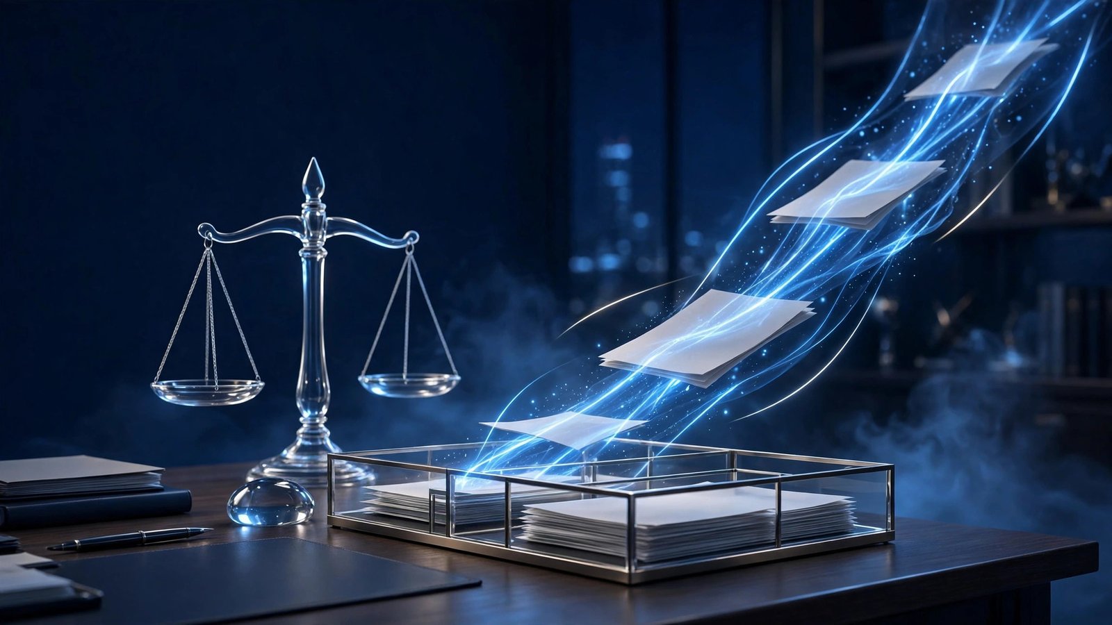 Glowing law office desk at night with glass scales of justice and blue light trails carrying documents into an organised tray