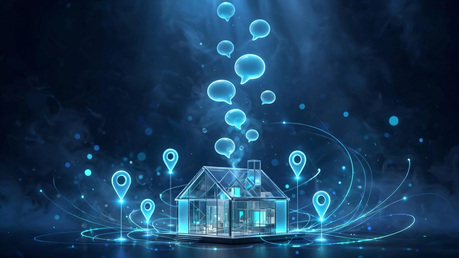 Miniature glowing house model with location pins of light and enquiry message bubbles of light rising above it