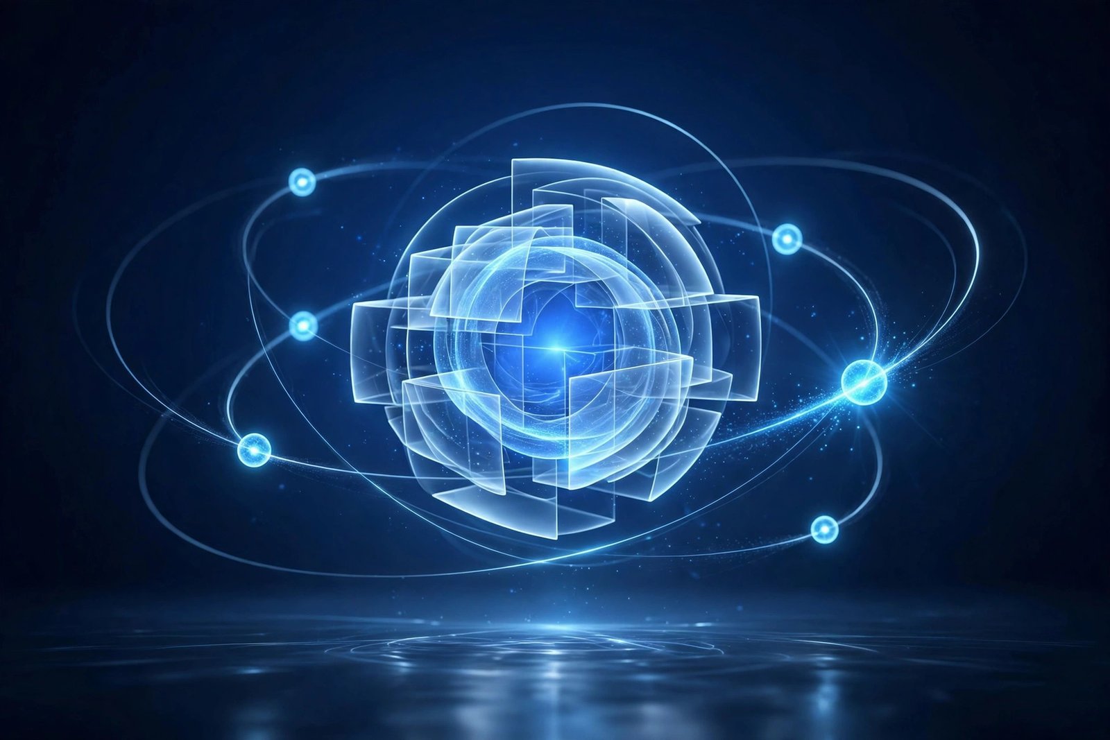 Abstract 3D render of a glowing blue digital agent with small task nodes orbiting it, on a deep navy background