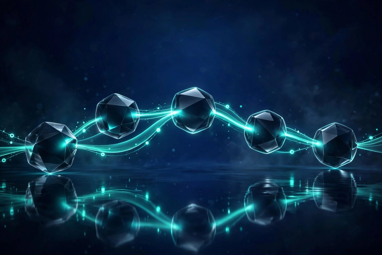 Abstract 3D render of dark glass workflow nodes connected by streams of teal light, on a deep navy background