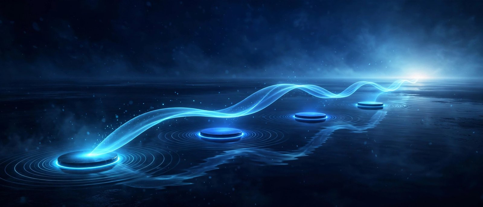 Abstract 3D render of a ribbon of cyan light crossing four glowing stepping points toward a bright opening, on a deep navy landscape