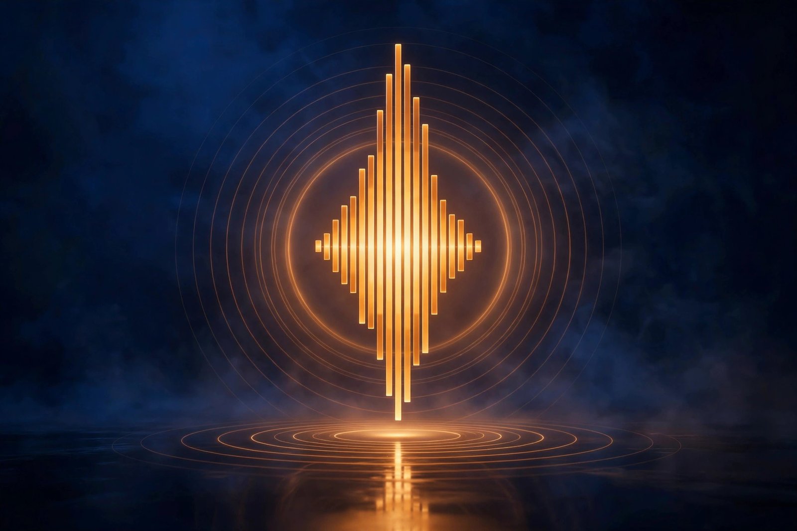 Abstract 3D render of a glowing amber voice waveform with soft concentric sound rings, on a deep navy background