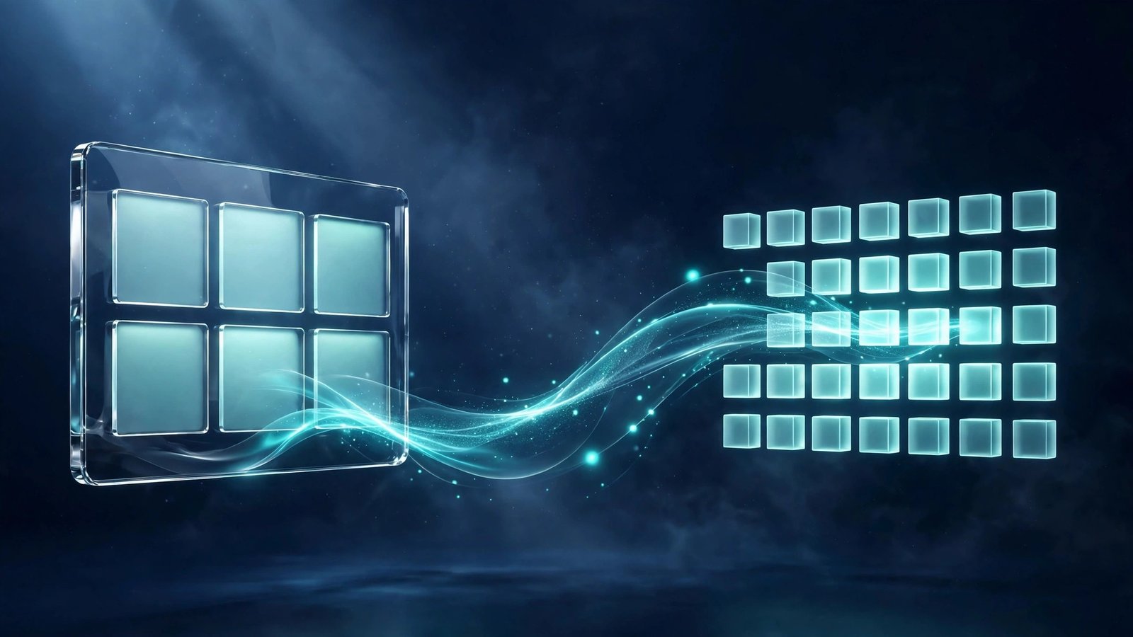 Glass form panel of blank glowing fields with a teal light stream flowing into a calendar of light blocks