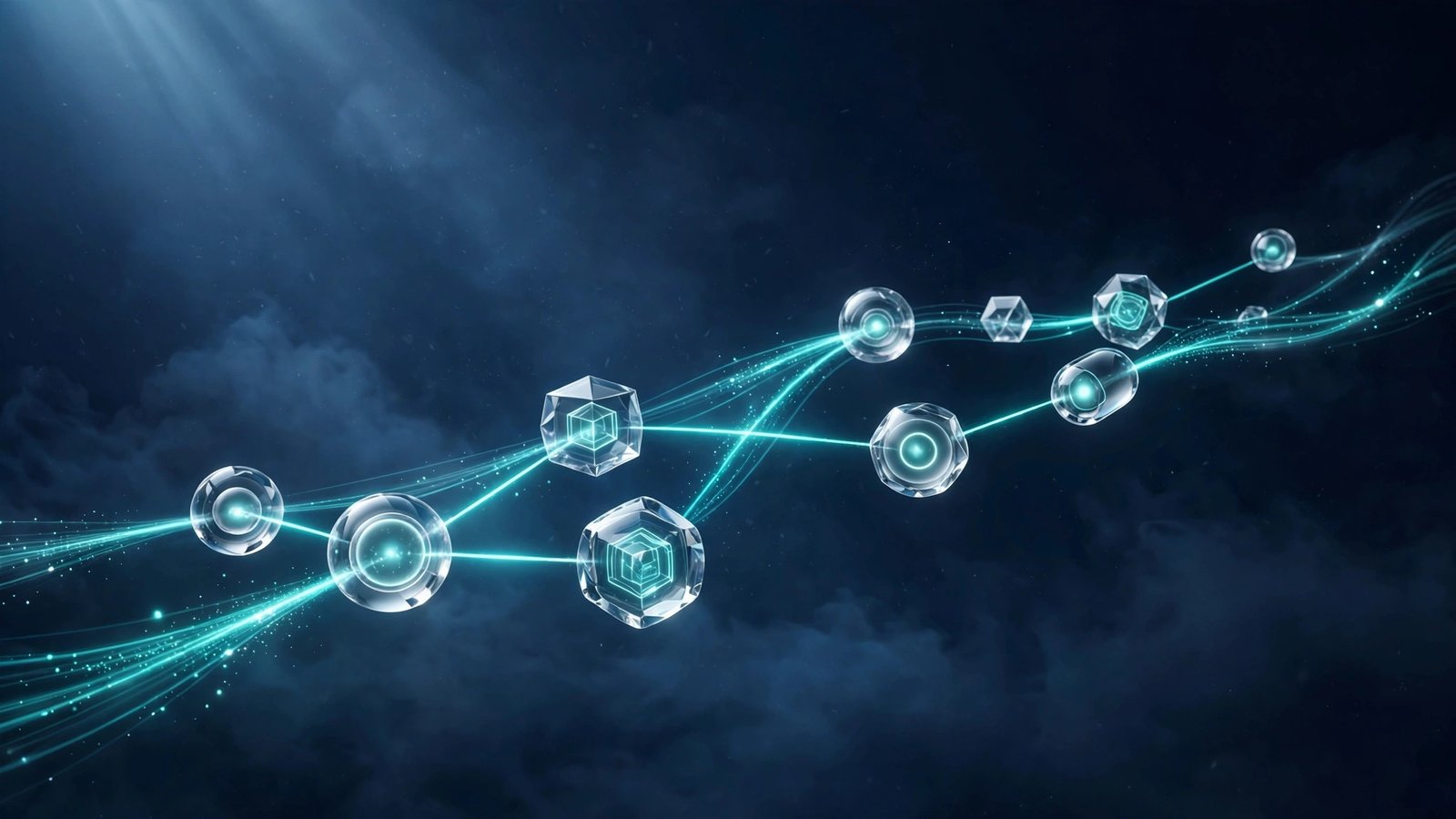 Constellation of glowing app nodes connected by teal light paths flowing in one direction across a dark navy space