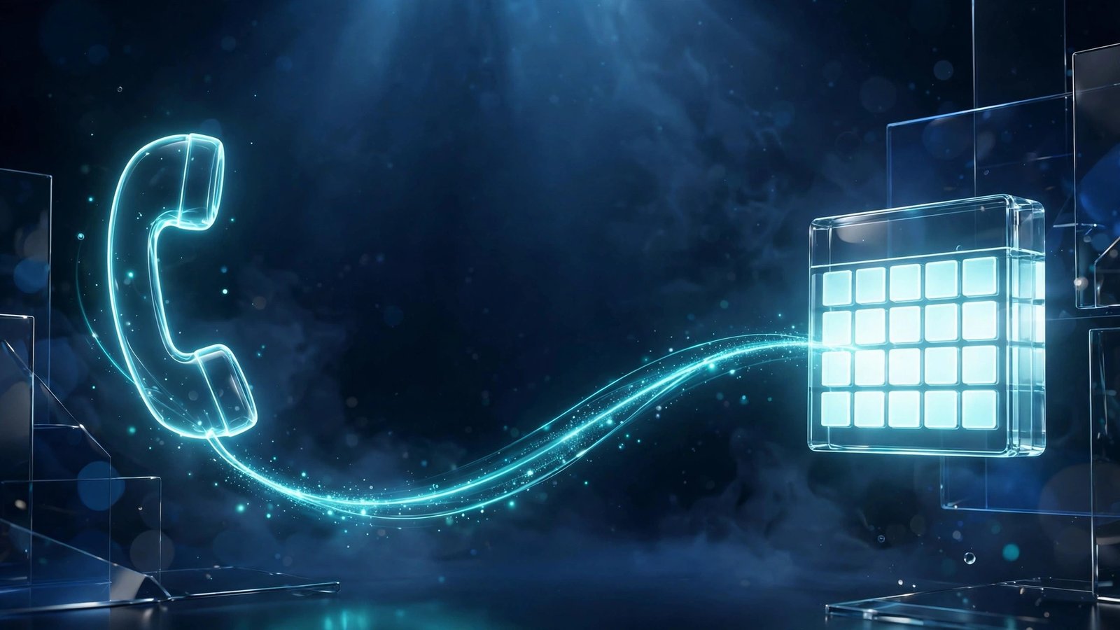 Glowing telephone handset shape of light with a teal trail arcing into a bright calendar block