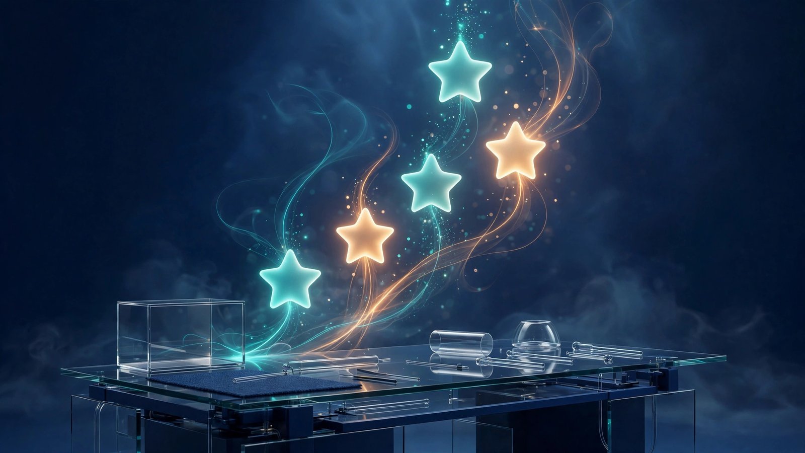 Finished workbench scene in glass and navy with five soft glowing star shapes rising in teal and warm light