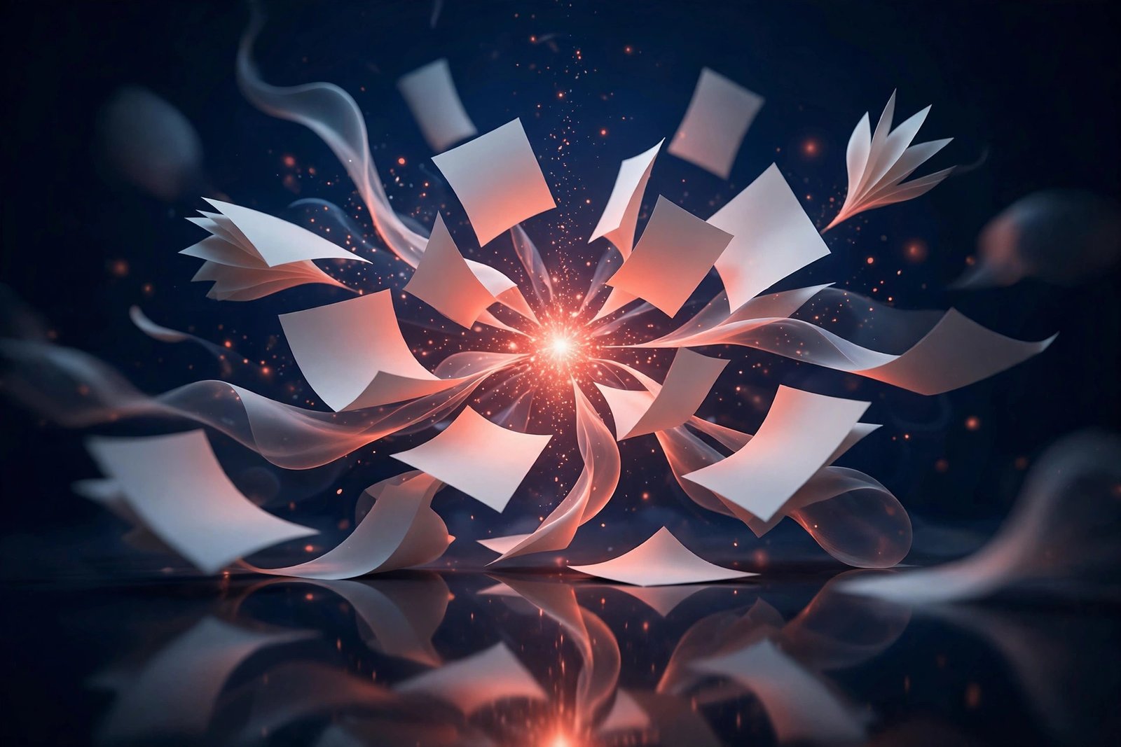 Abstract 3D render of blank glowing pages forming from a coral spark of light, on a deep navy background