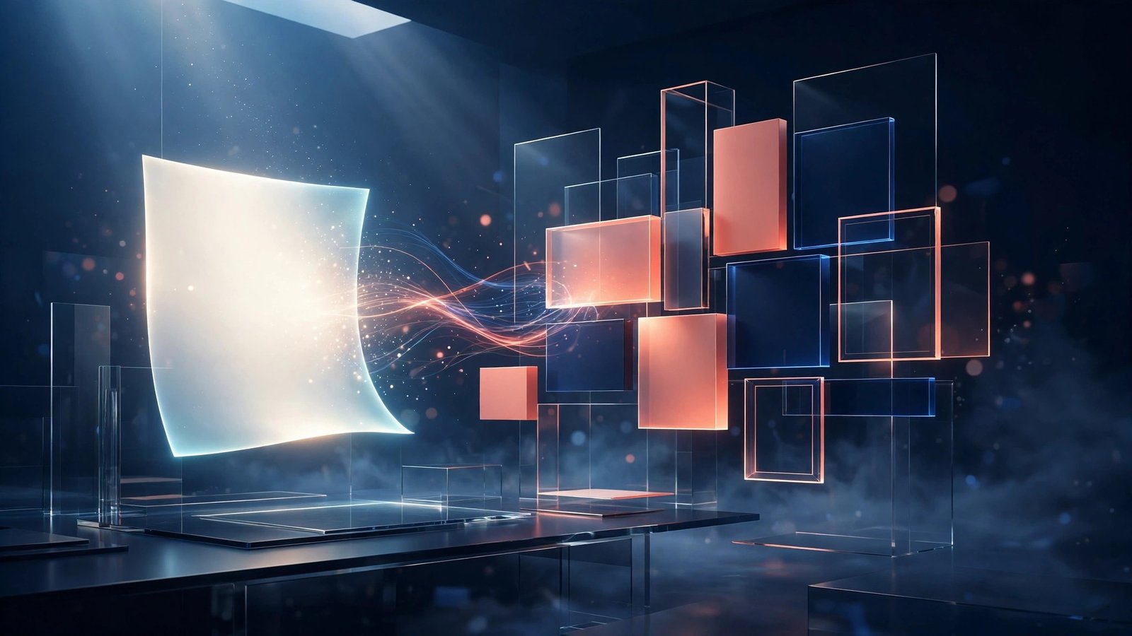 Glowing page of light transforming into coral and navy layout blocks and image frames in a drafting studio of light