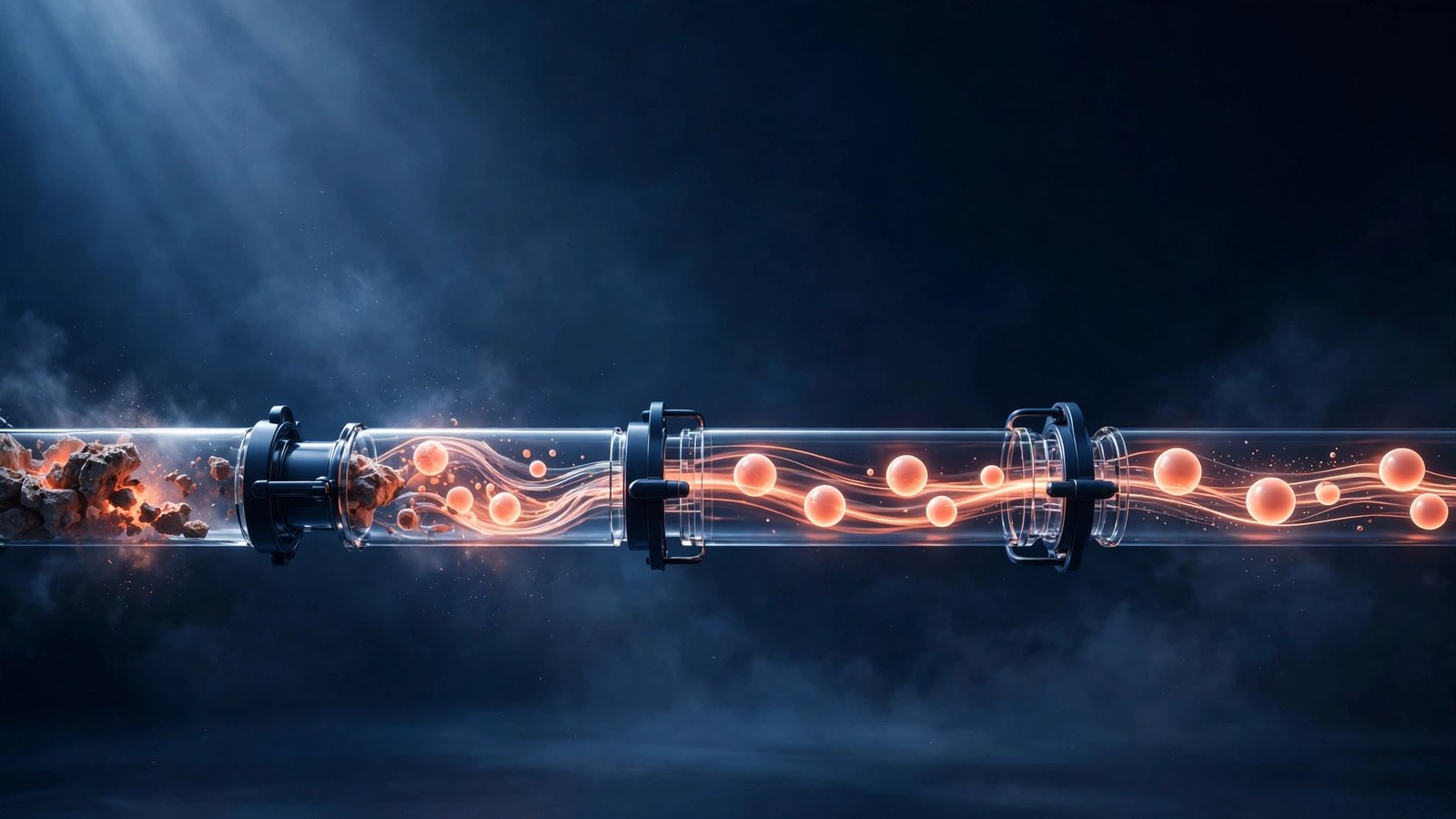 Flowing pipeline of glowing stages in glass tubes with drafts moving as orbs of coral light from raw to polished