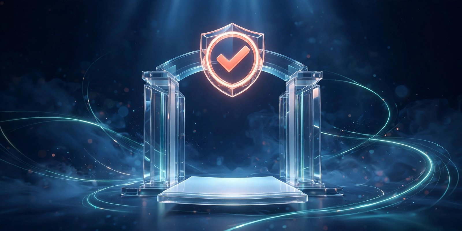 Human review gate of light with a coral checkmark shape inside a glowing shield ring above a polished page of light