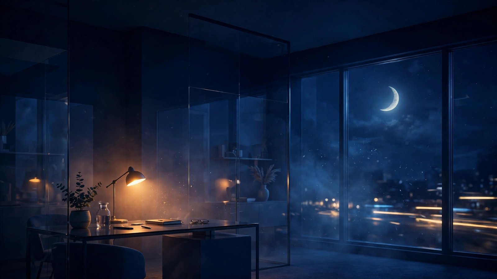 Quiet office at night in deep navy with one warm amber lamp of light still on and a crescent moon of light in the window