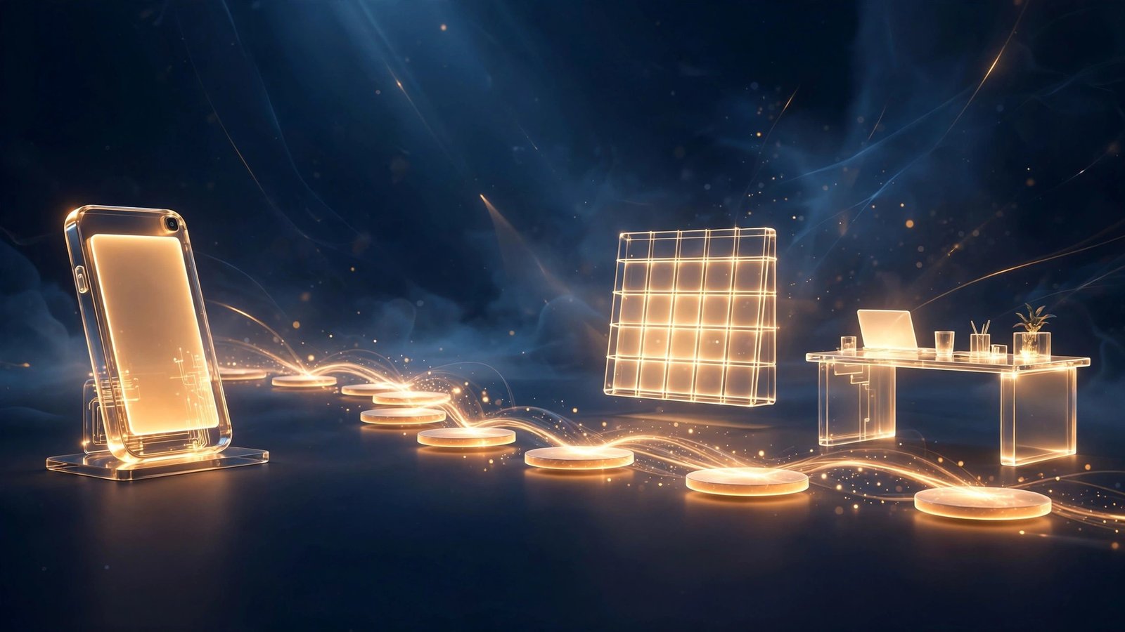 Journey of warm light along glowing stepping stones from a phone shape to a calendar of light and a team desk of light