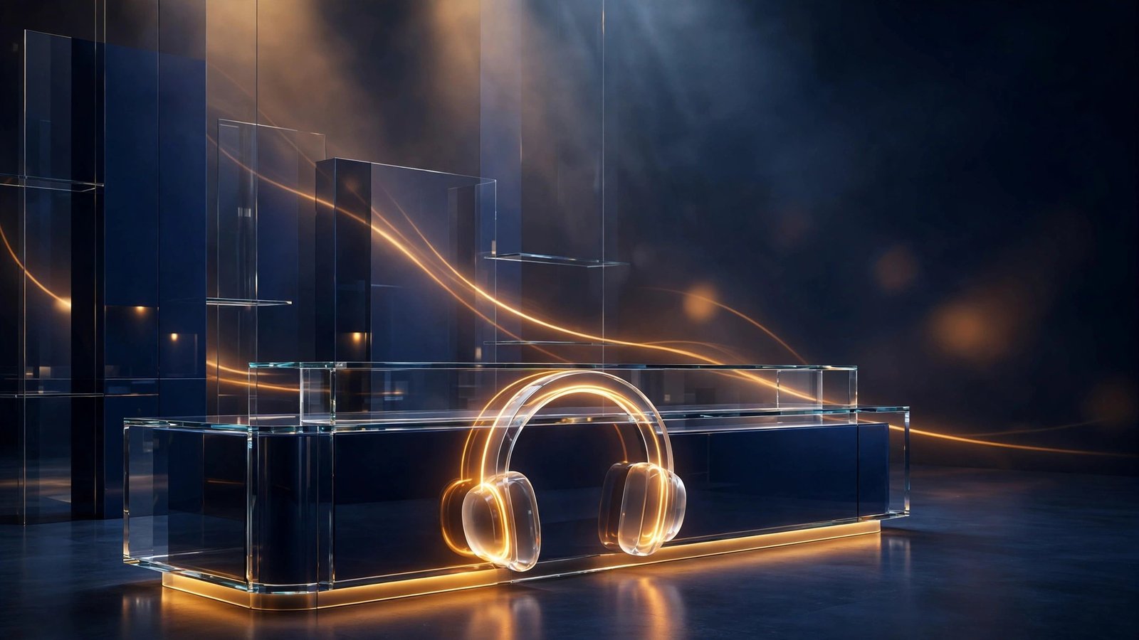 Elegant front desk scene in glass and navy with a headset shape and a warm amber glow of welcome