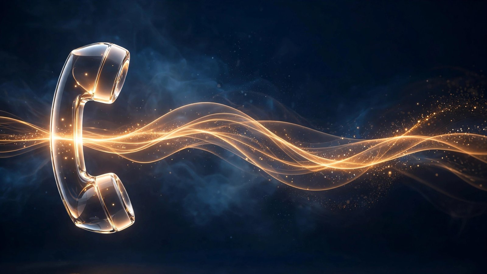Warm amber soundwave of light flowing from a glowing telephone handset across a deep navy space